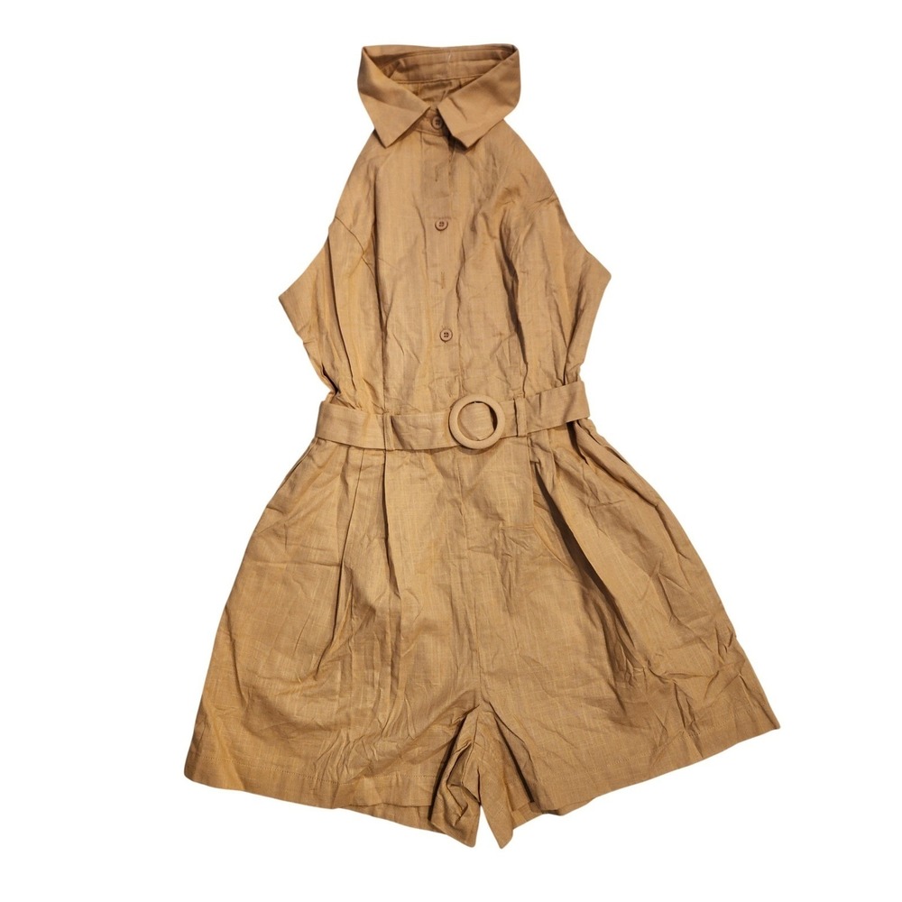 Cupshe NEW Beige Halter Neck Belted Wide Leg Romper Sleeveless Button Up Tan